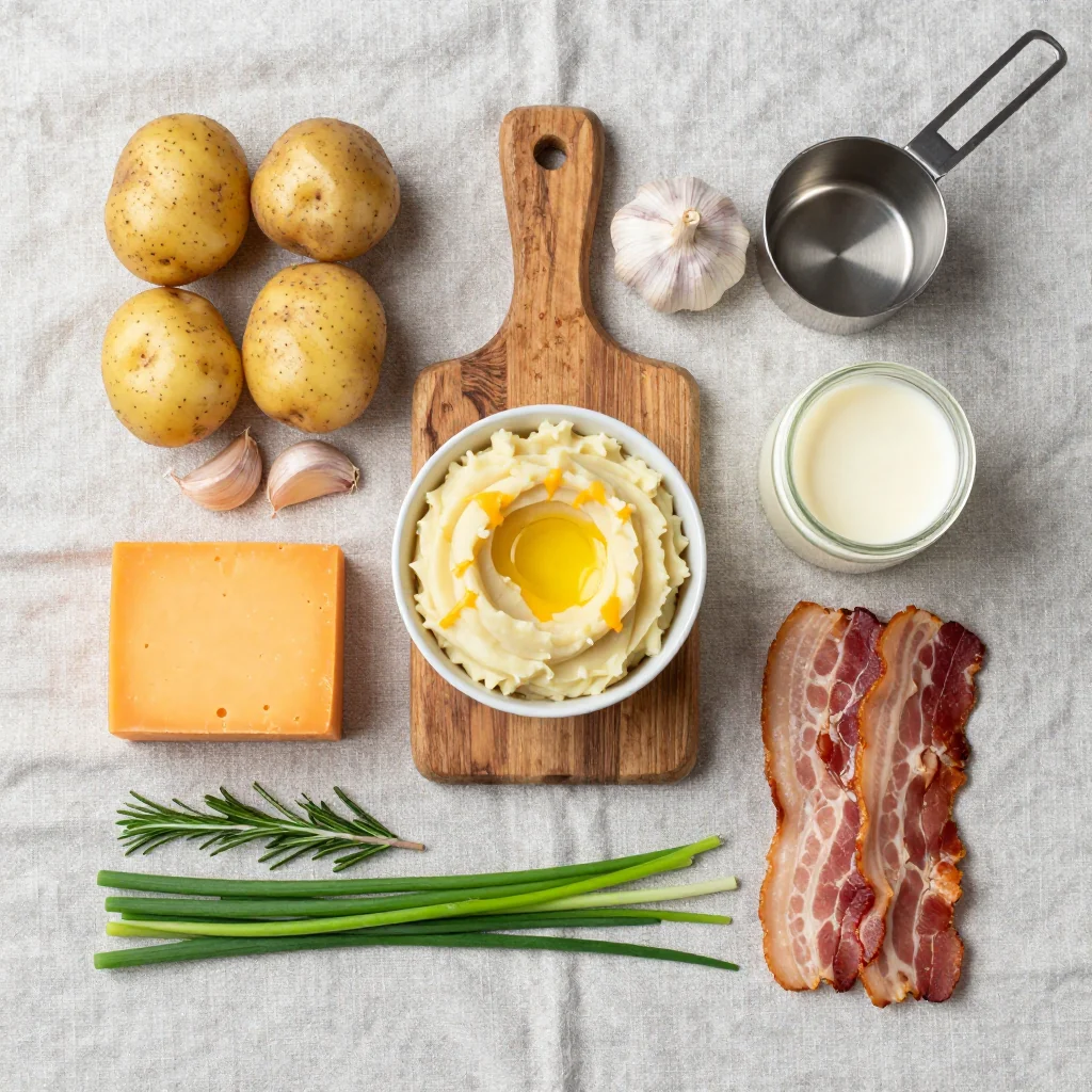 All ingredients for Garlic Mashed Potatoes with Cheese and Bacon