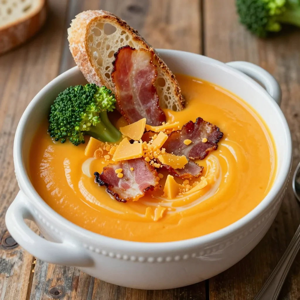 Cheesy Broccoli Soup With Crispy Bacon Toppings