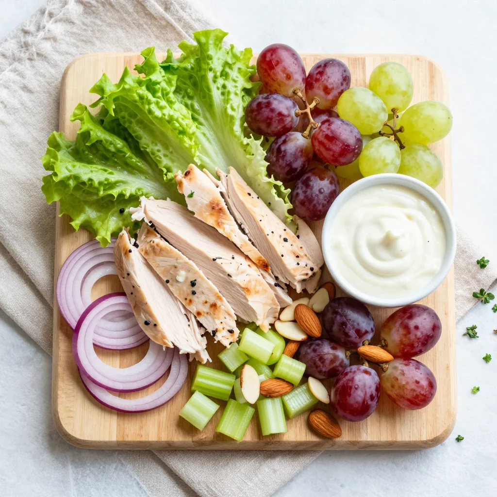All ingredients laid out for Chicken Salad with Grapes and Almonds