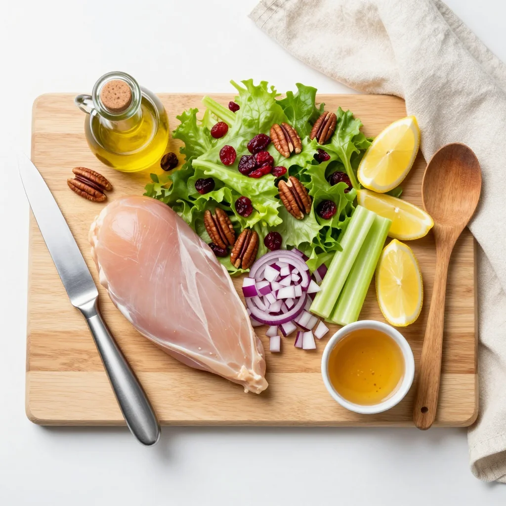 All ingredients laid out for Chicken Salad with Cranberries and Pecans