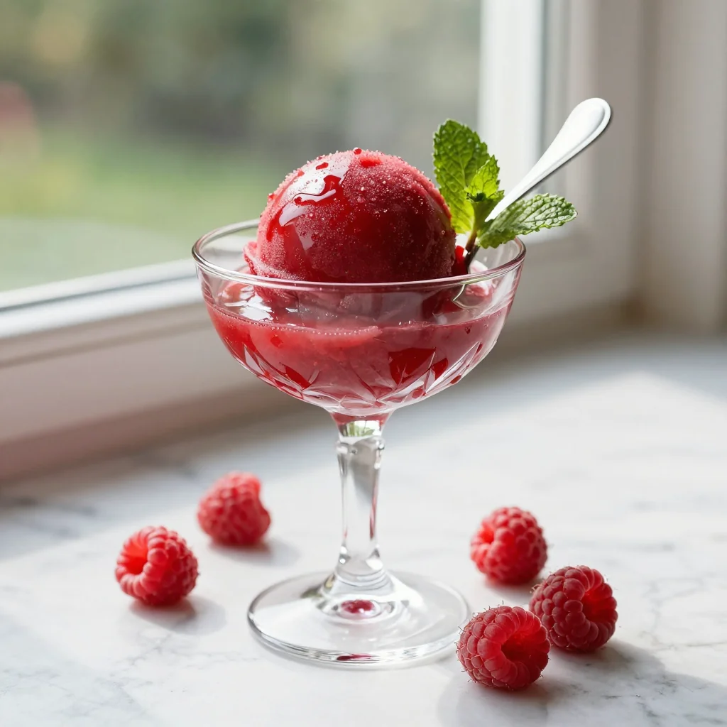 Raspberry Sorbet with Fresh Mint Leaves
