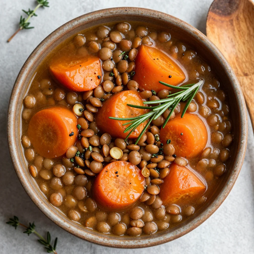 batch cooked carrot and lentil stew with fresh rosemary and thyme