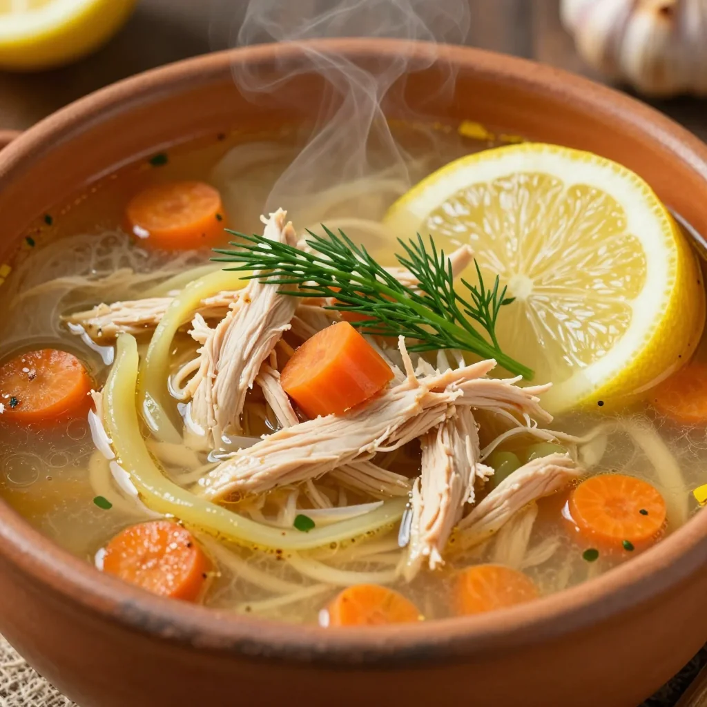 healthy batch cooked chicken and carrot soup with lemon and garlic