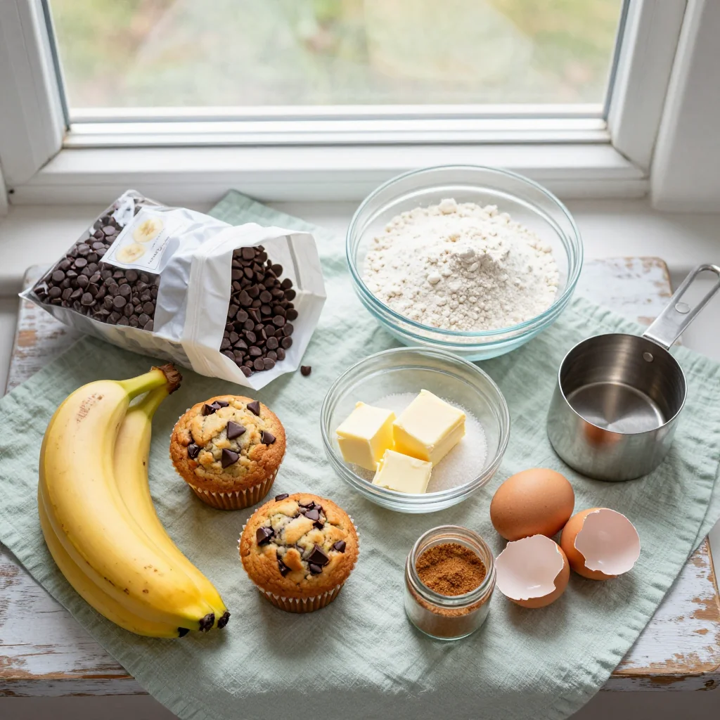All ingredients for Banana Chocolate Chip Muffins with Cinnamon