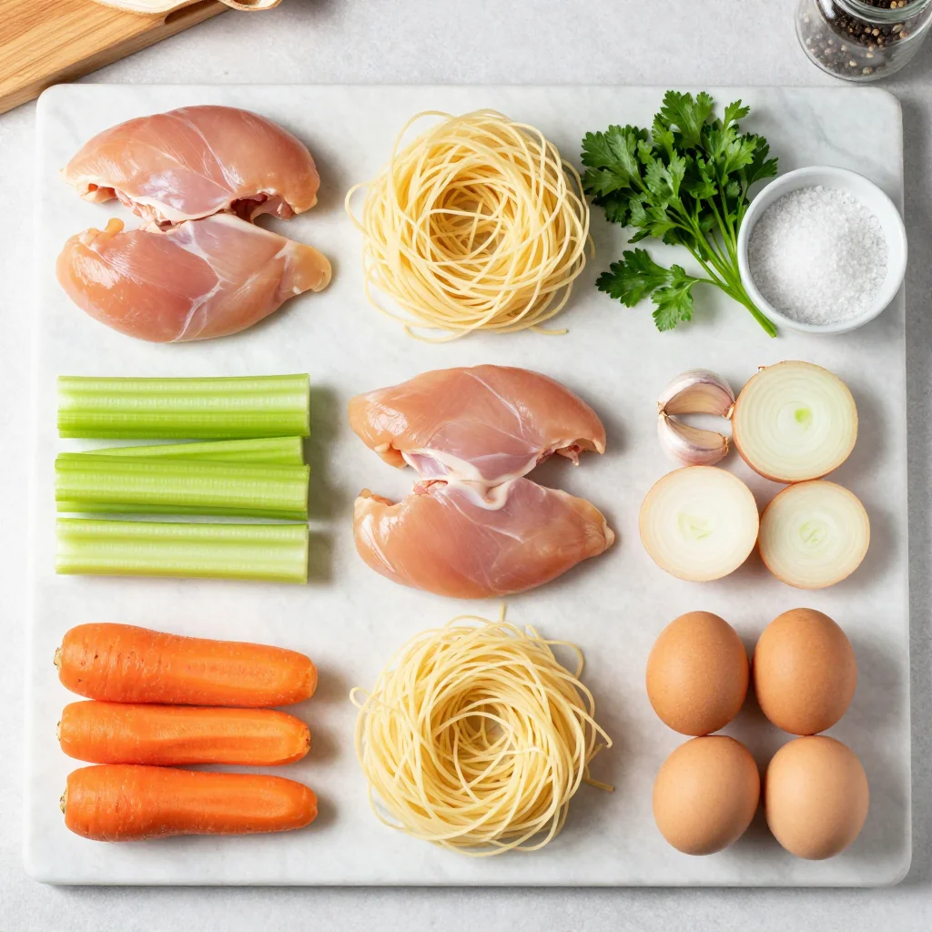 All ingredients for Chicken Noodle Soup with Carrots and Celery