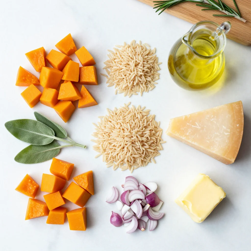 All ingredients for Butternut Squash Risotto with Parmesan and Sage