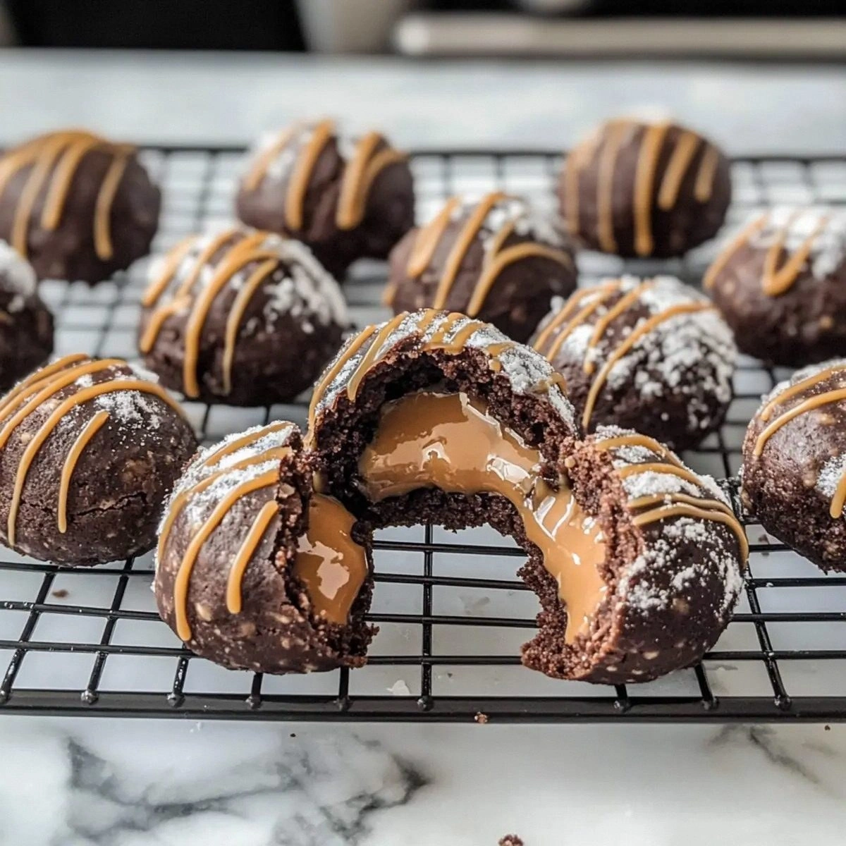 Delicious Chocolate Peanut Butter Snowballs with Caramel Drizzle
