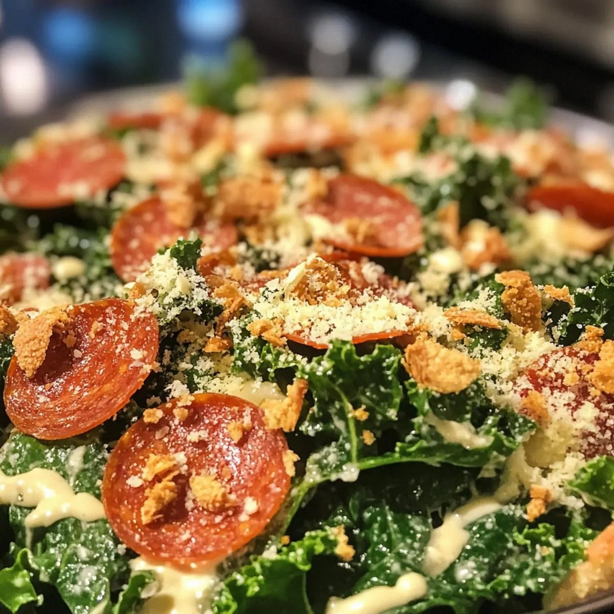 Delicious Pizza Caesar Salad with Crispy Pepperoni Crunch
