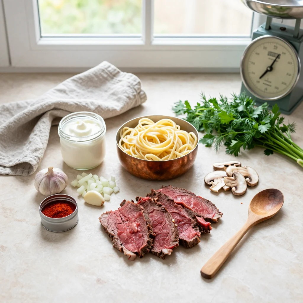All ingredients laid out for Beef Stroganoff with Egg Noodles Creamy