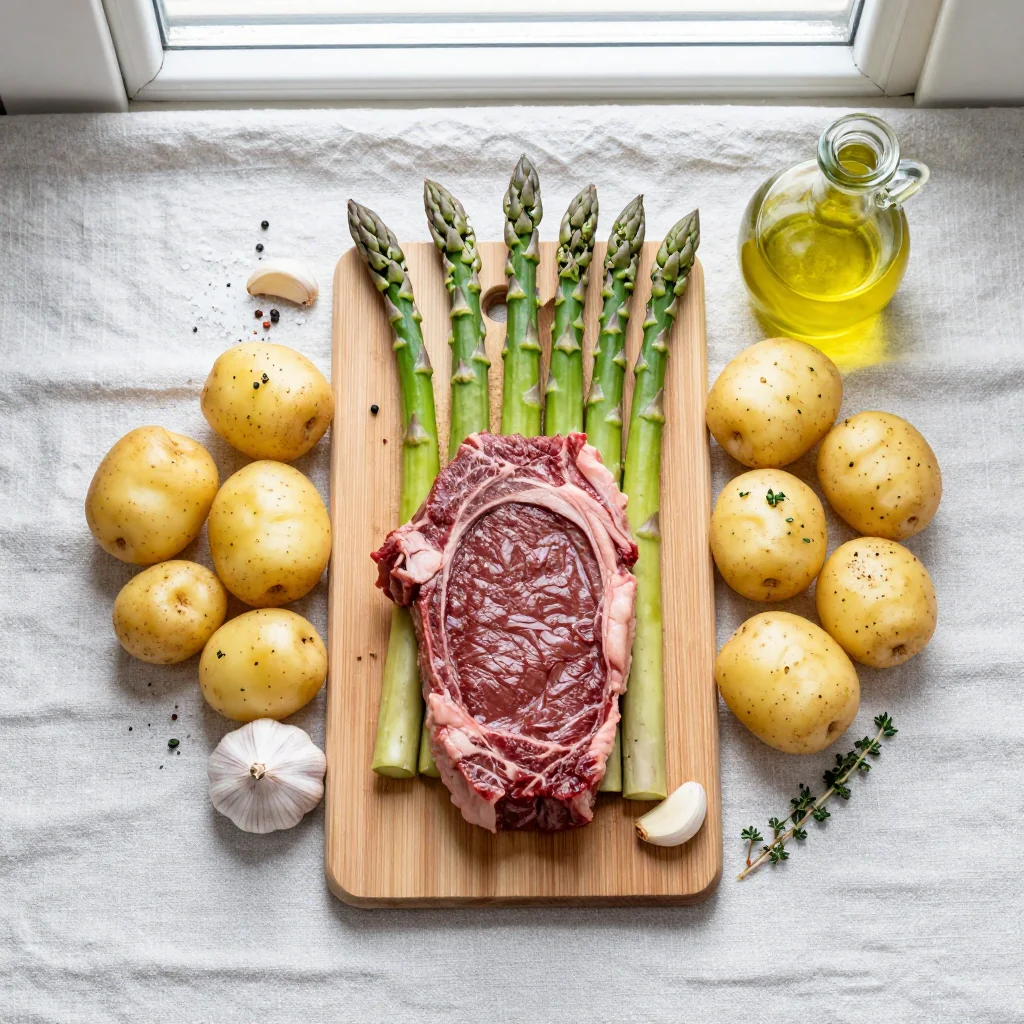 All ingredients laid out for Steak with Asparagus and Potatoes Skillet
