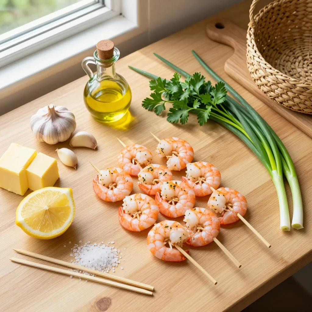 All ingredients for Shrimp Skewers with Lemon Garlic Butter