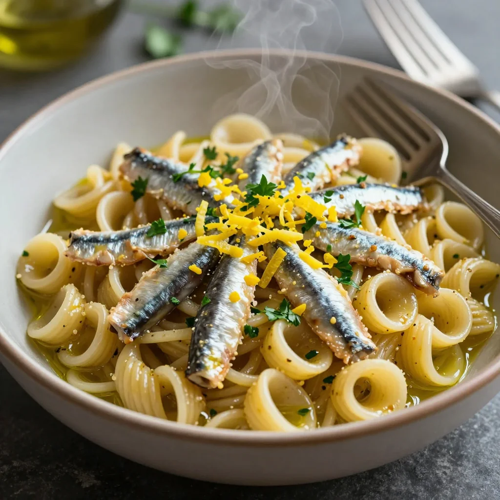 Pantry Pasta with Canned Sardines and Lemon Zest