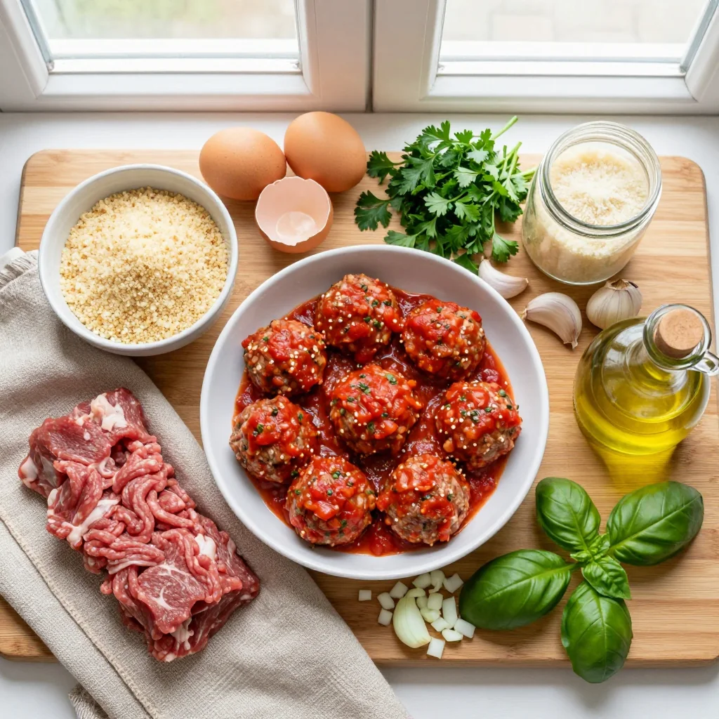 All ingredients for Meatballs with Marinara Sauce Homemade