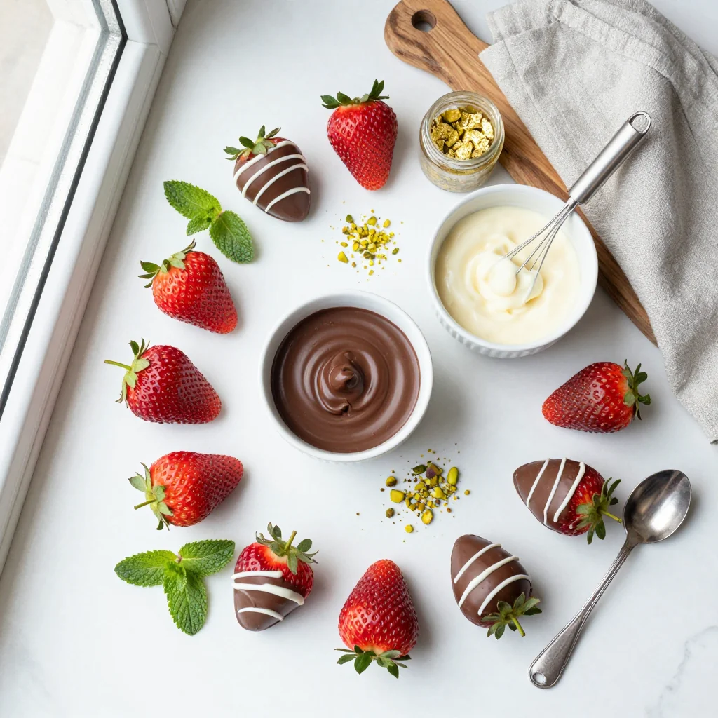 All ingredients for Chocolate Covered Strawberries with White Chocolate Drizzle