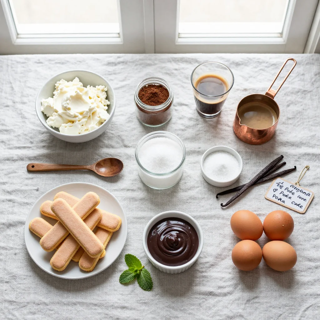 All ingredients for Tiramisu Poke Cake arranged on a wooden board