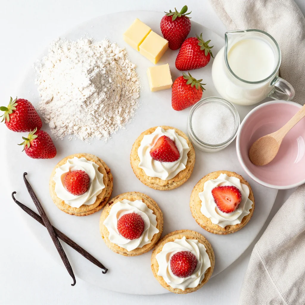 All ingredients for Strawberry Shortcake Biscuits with Whipped Cream