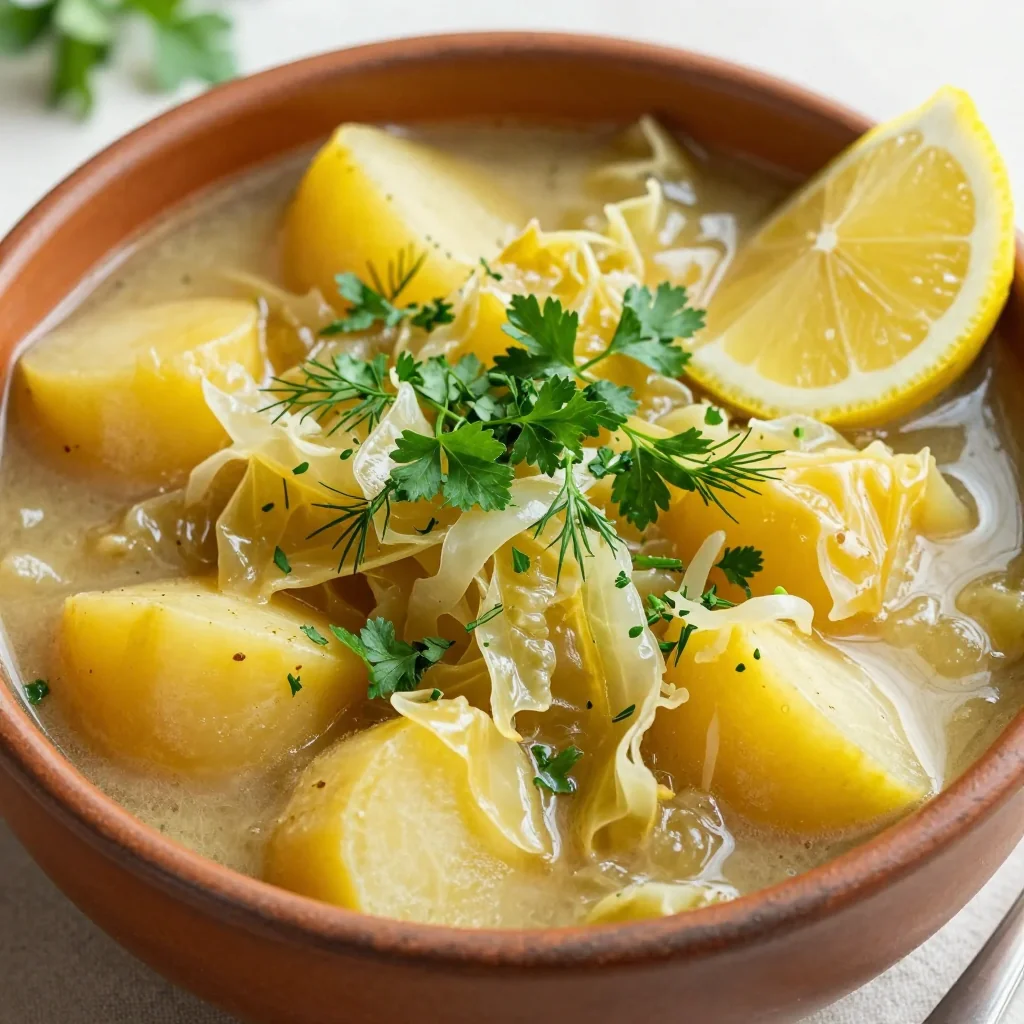 warm cabbage and potato stew with fresh lemon and herbs for january