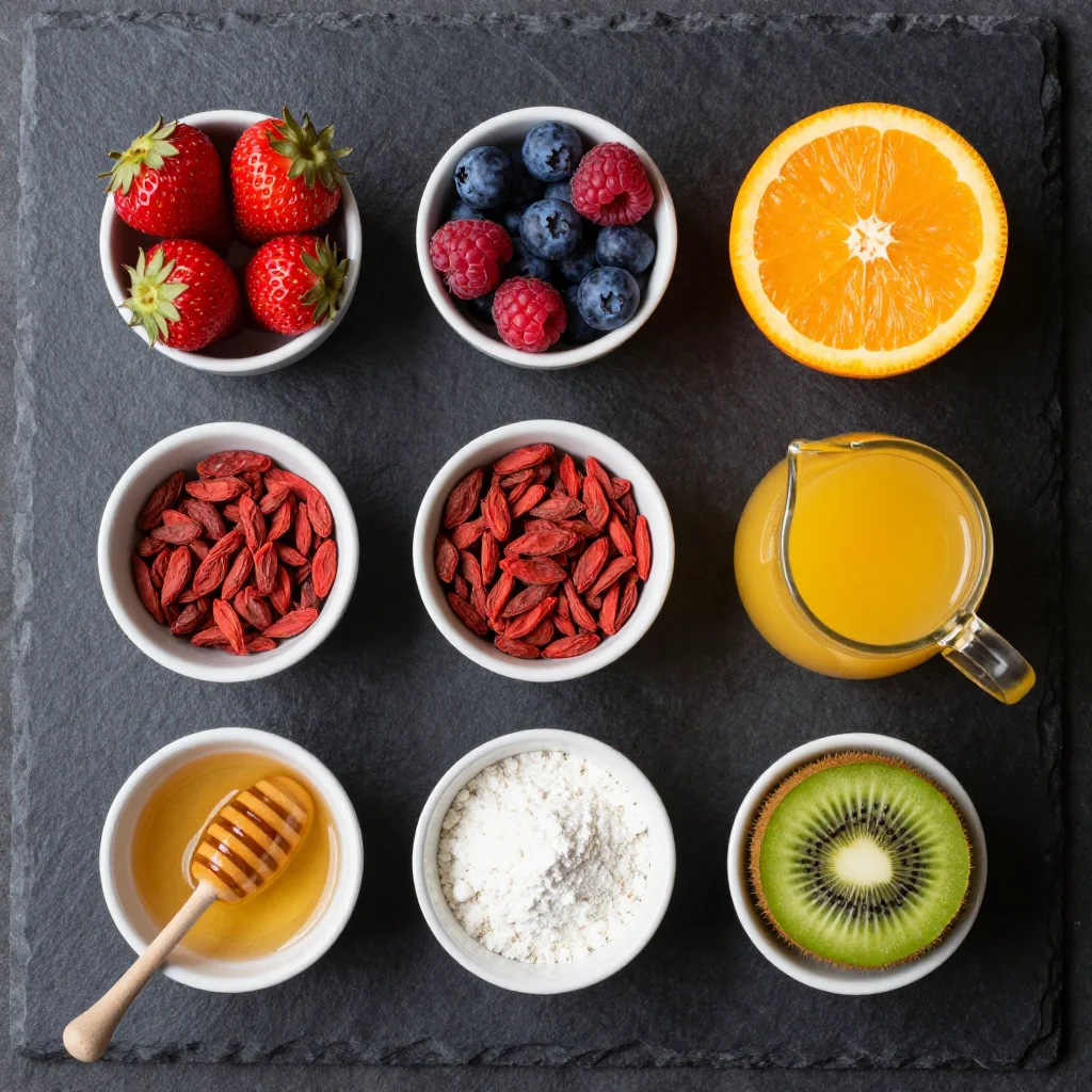 Glow Berry Smoothie ingredients arranged on white marble