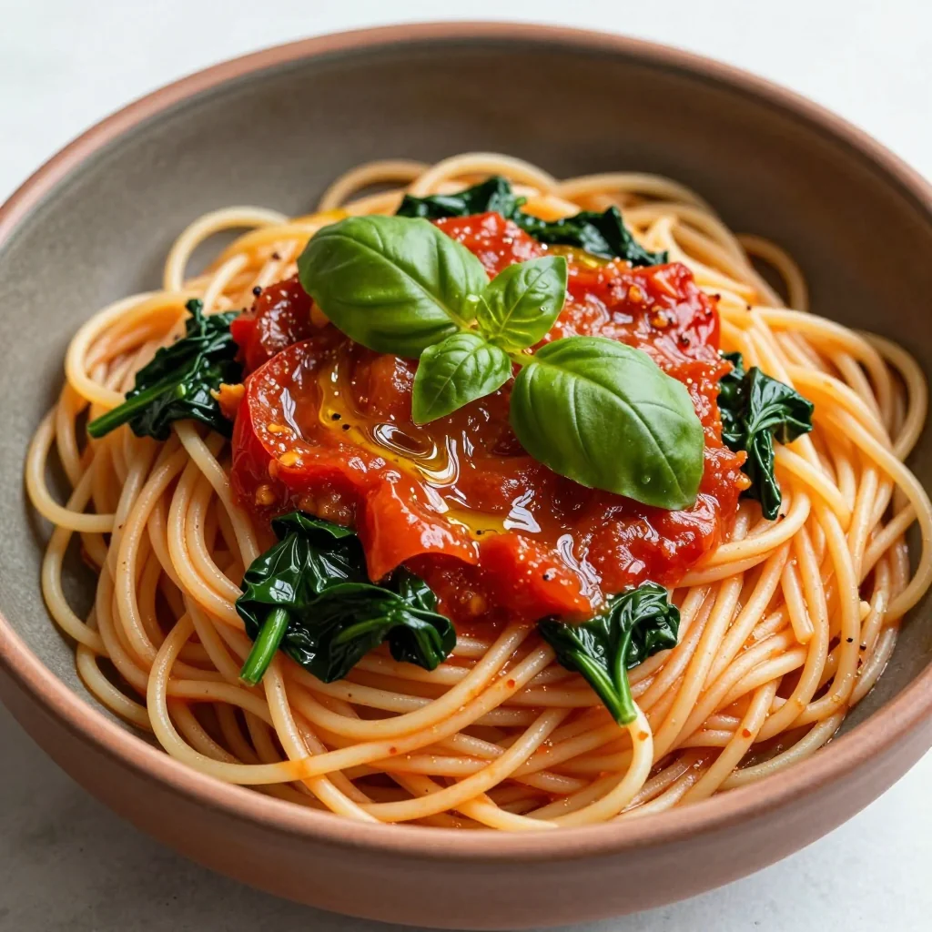 Pantry Staples Quick Pasta with Canned Tomatoes and Spinach