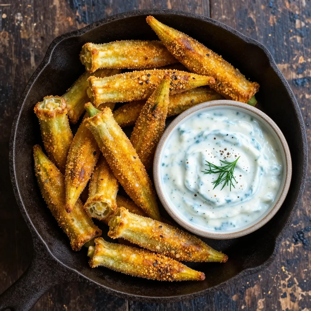 MLK Day Fried Okra with Cornmeal and Buttermilk Ranch Dip