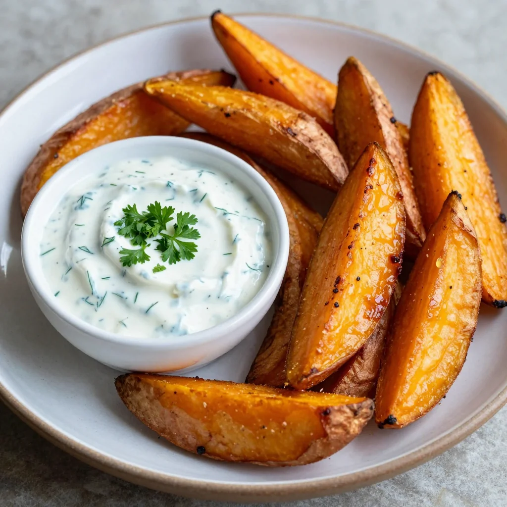 rispy Sweet Potato Wedges with Ranch Dressing