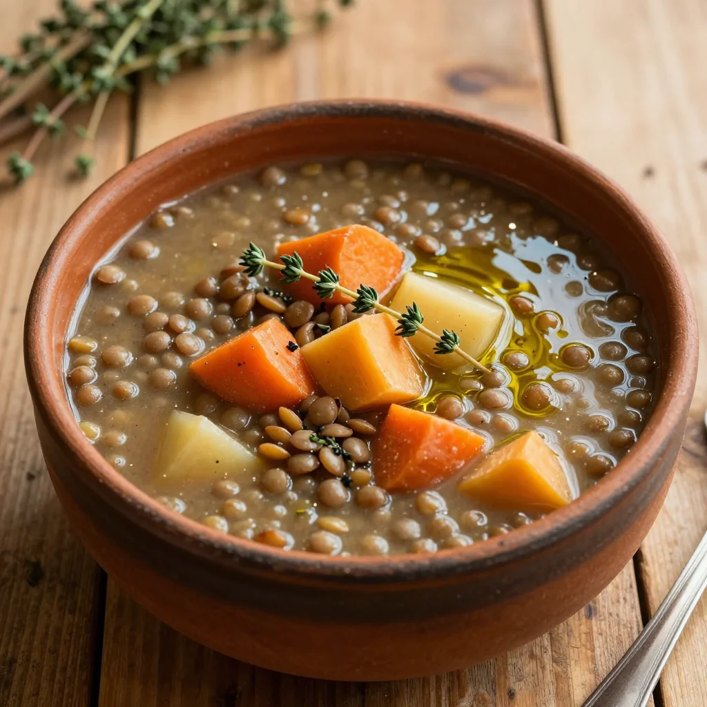 batch cooked lentil and root vegetable soup for budget friendly meals