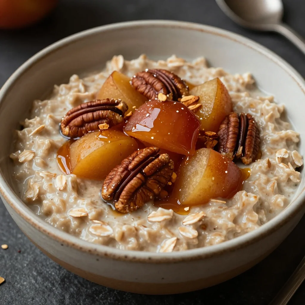 Warm Oatmeal with Stewed Apples and Pecans for Winter Comfort