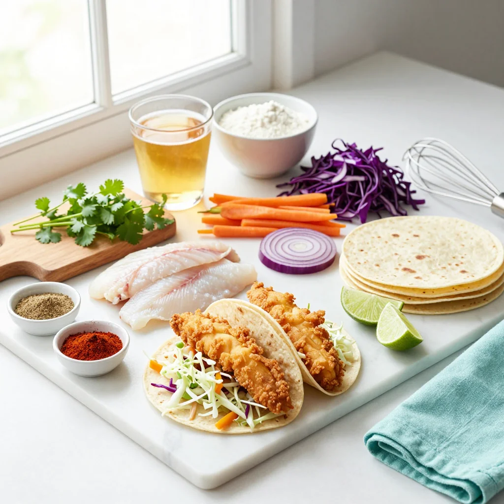 All ingredients laid out for Beer Battered Fish Tacos with Cabbage Slaw
