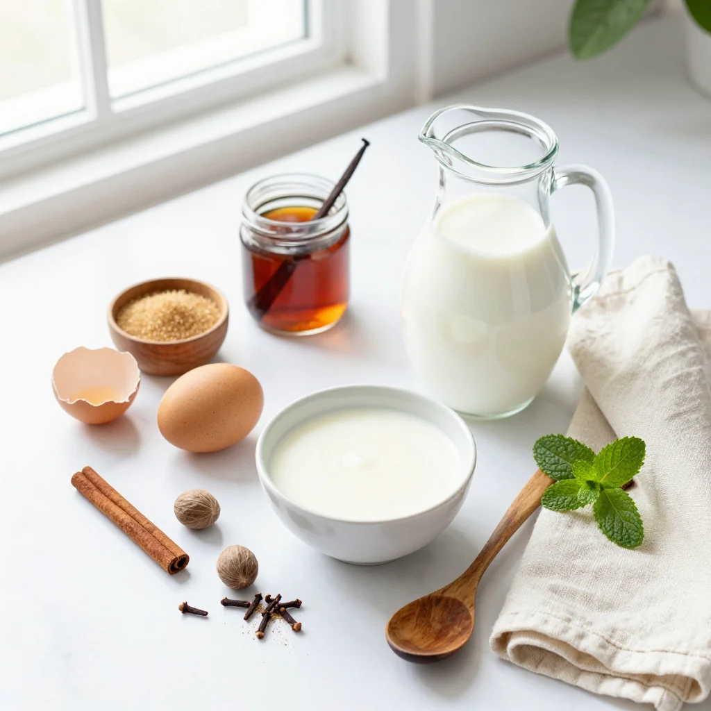 All ingredients for Eggnog Homemade Non Alcoholic neatly arranged on a wooden board