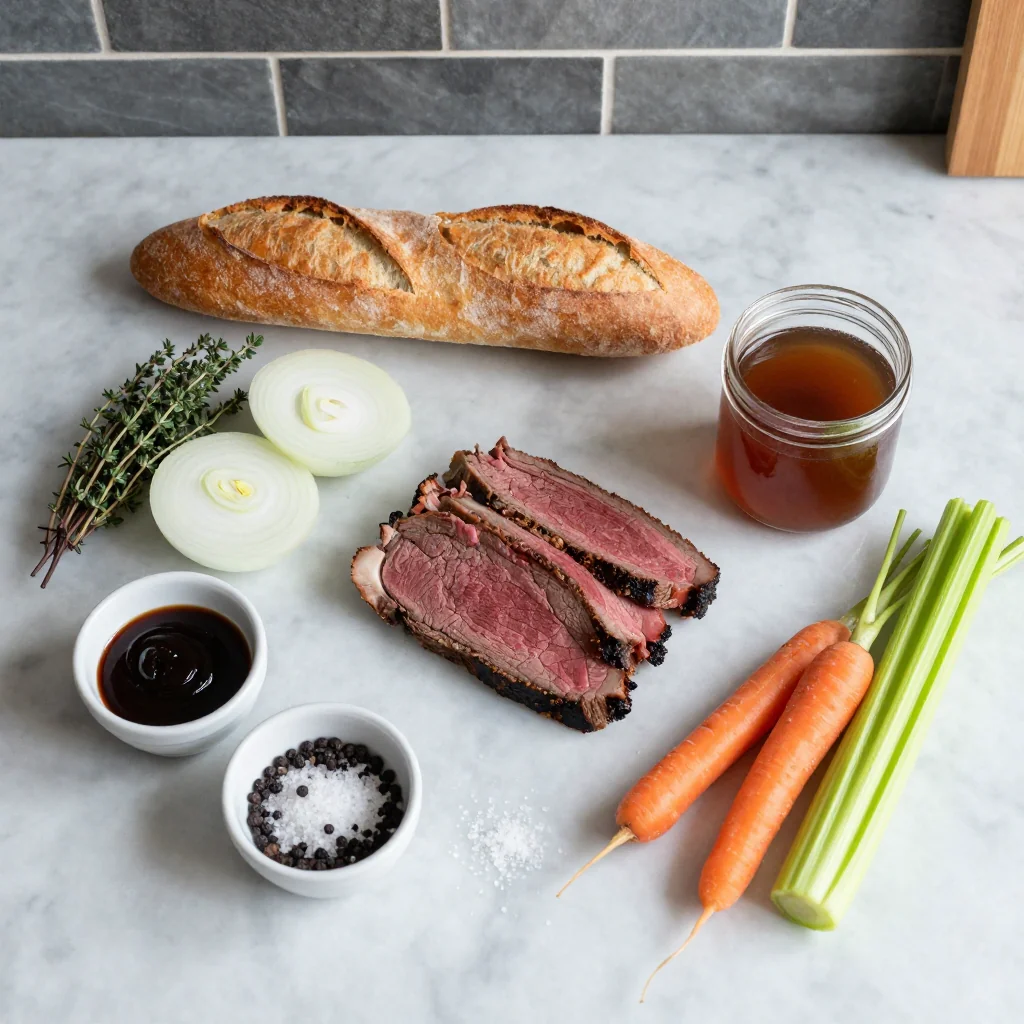 All ingredients for Slow Cooker French Dip Sandwiches with Au Jus