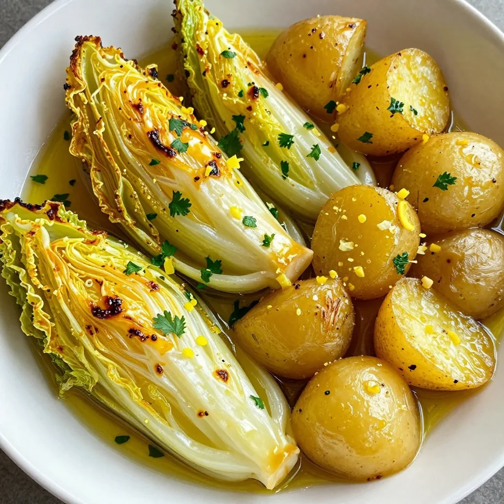 warm lemon and garlic roasted cabbage with parsnips and potatoes
