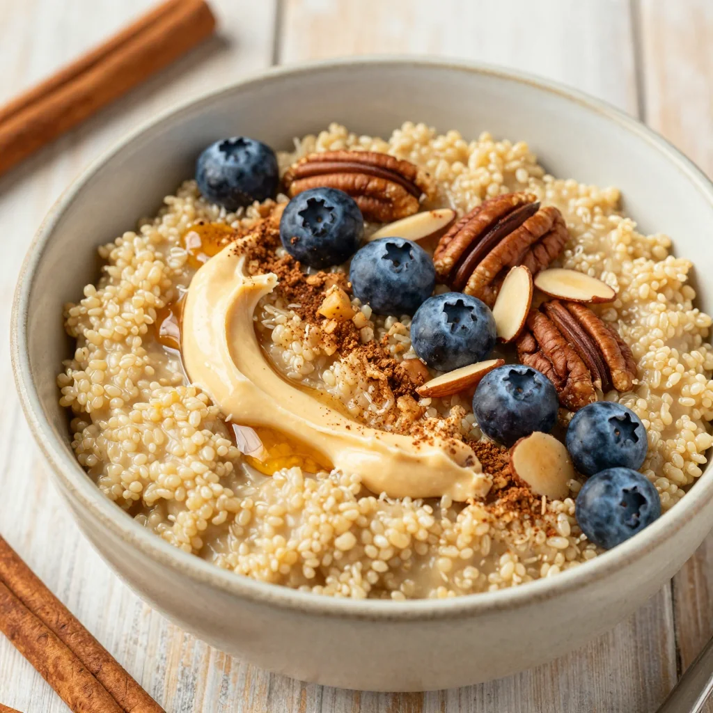 Warm Quinoa Breakfast Porridge with Cinnamon and Nuts