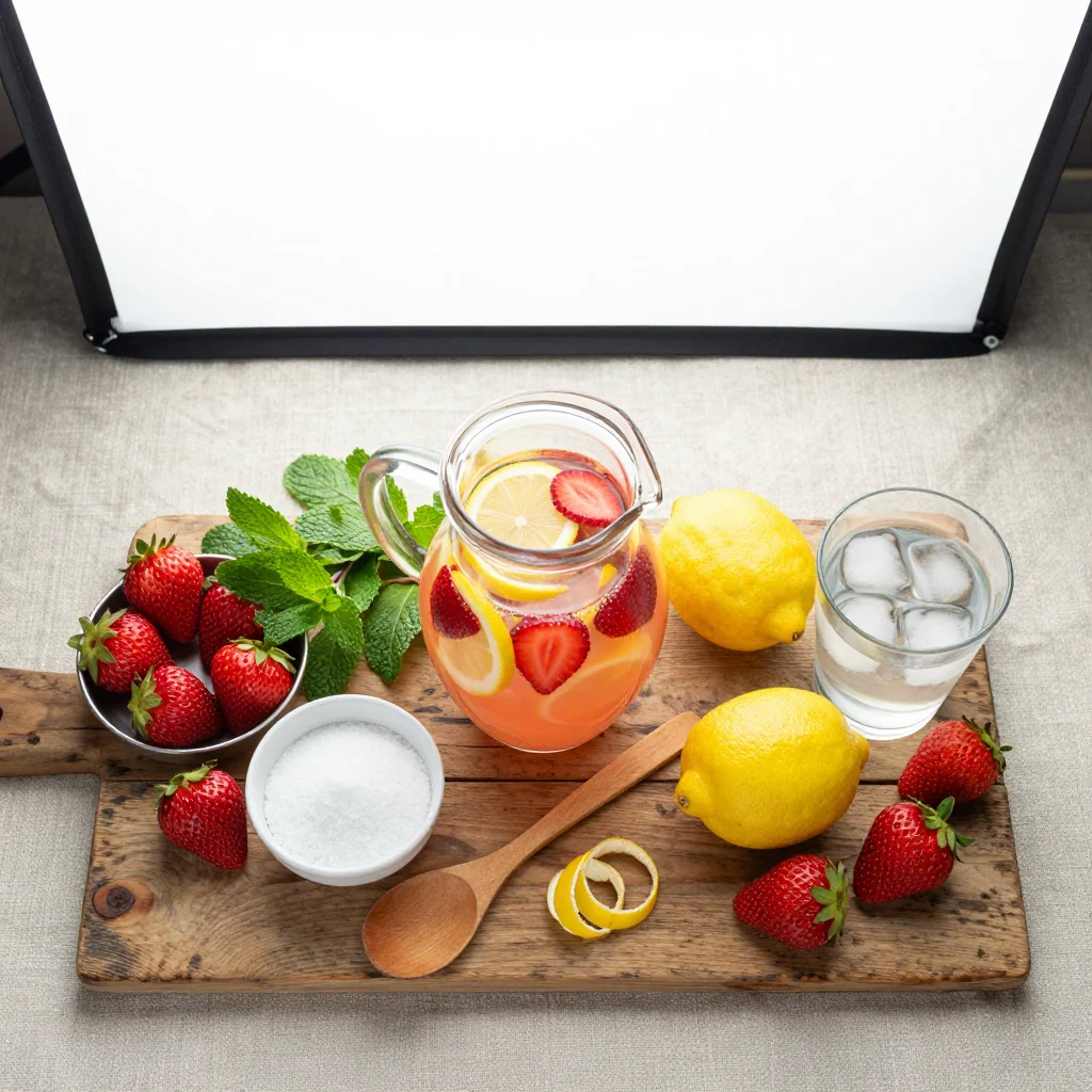 All ingredients for Strawberry Fresh Lemonade laid out on a wooden board