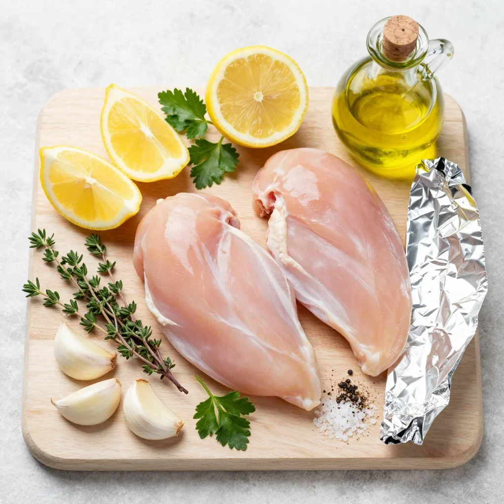 All ingredients for Lemon Garlic Chicken Breast Baked in Foil laid out on a wooden board