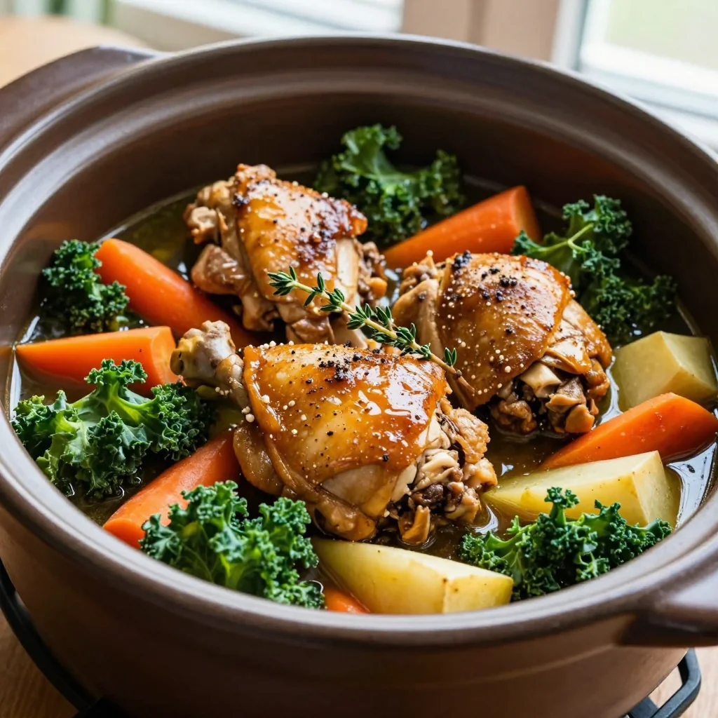 batch cooking slow cooker chicken and kale stew with root vegetables