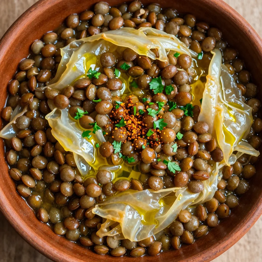 healthy batch cooked lentil and cabbage stew for family meals