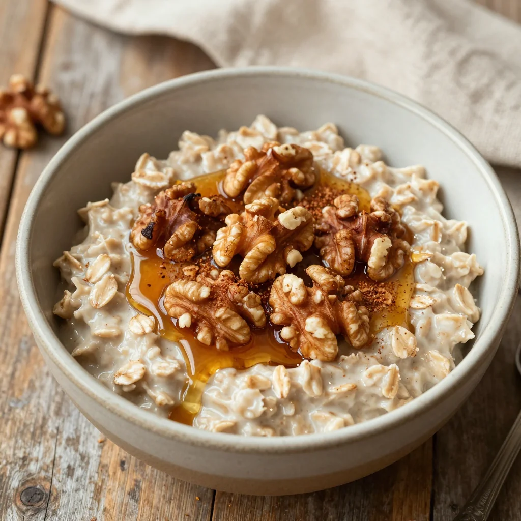 Warm Maple Cinnamon Oatmeal with a Walnut Topping for Breakfast