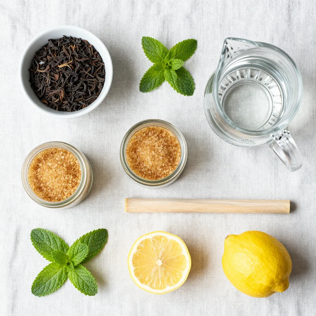 All ingredients for Sweet Tea Southern Style neatly arranged on a wooden board