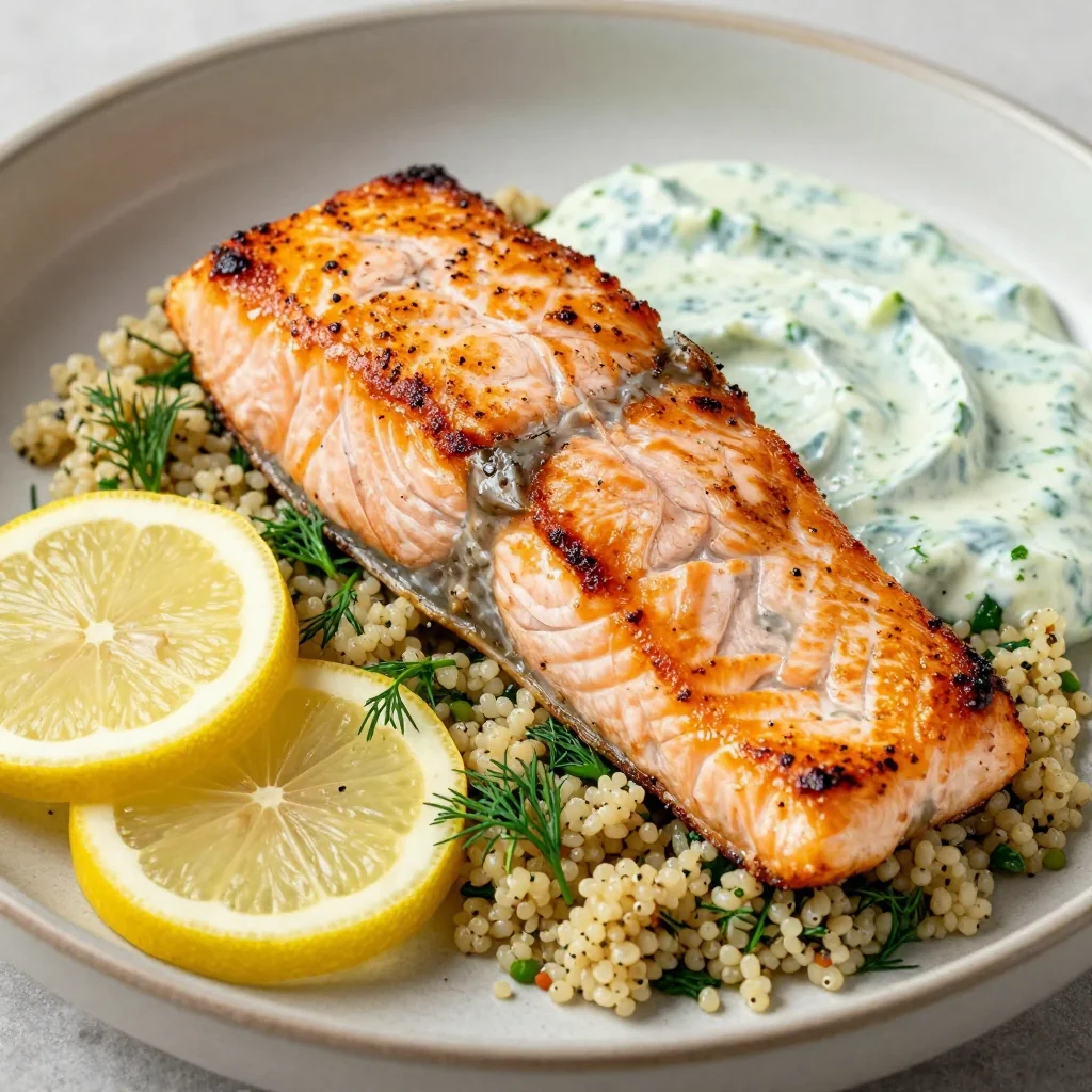 Quick Lemon Dill Salmon with Cucumber Yogurt Sauce