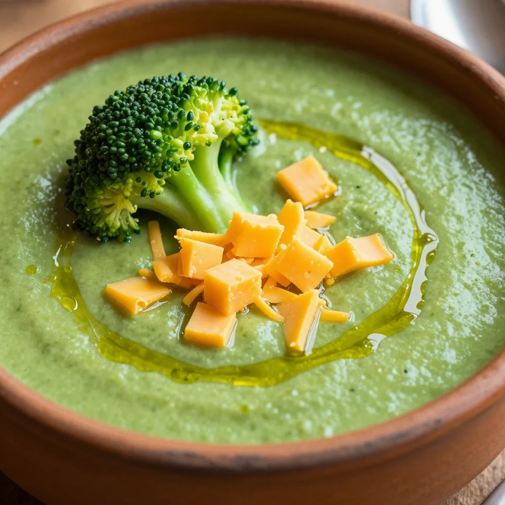 Creamy Broccoli Soup with Cheddar Cheese Crumbles