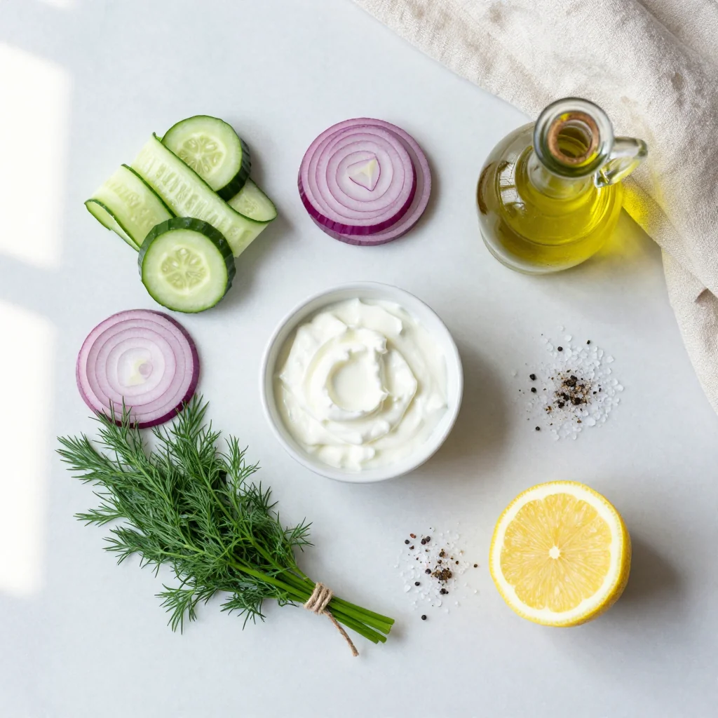 All ingredients for Creamy Cucumber Salad with Red Onion and Dill
