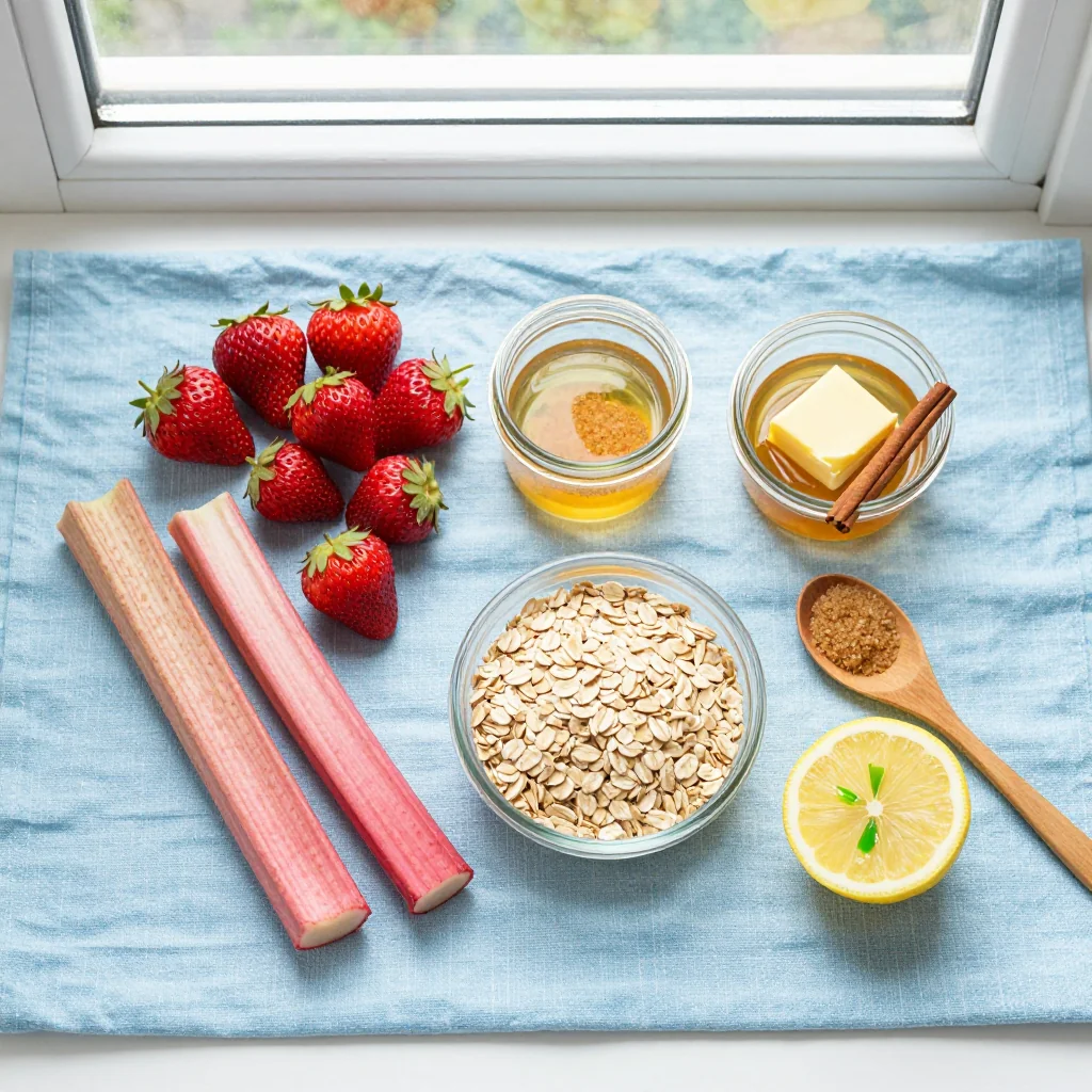 All ingredients for Strawberry Rhubarb Crisp with Oat Topping