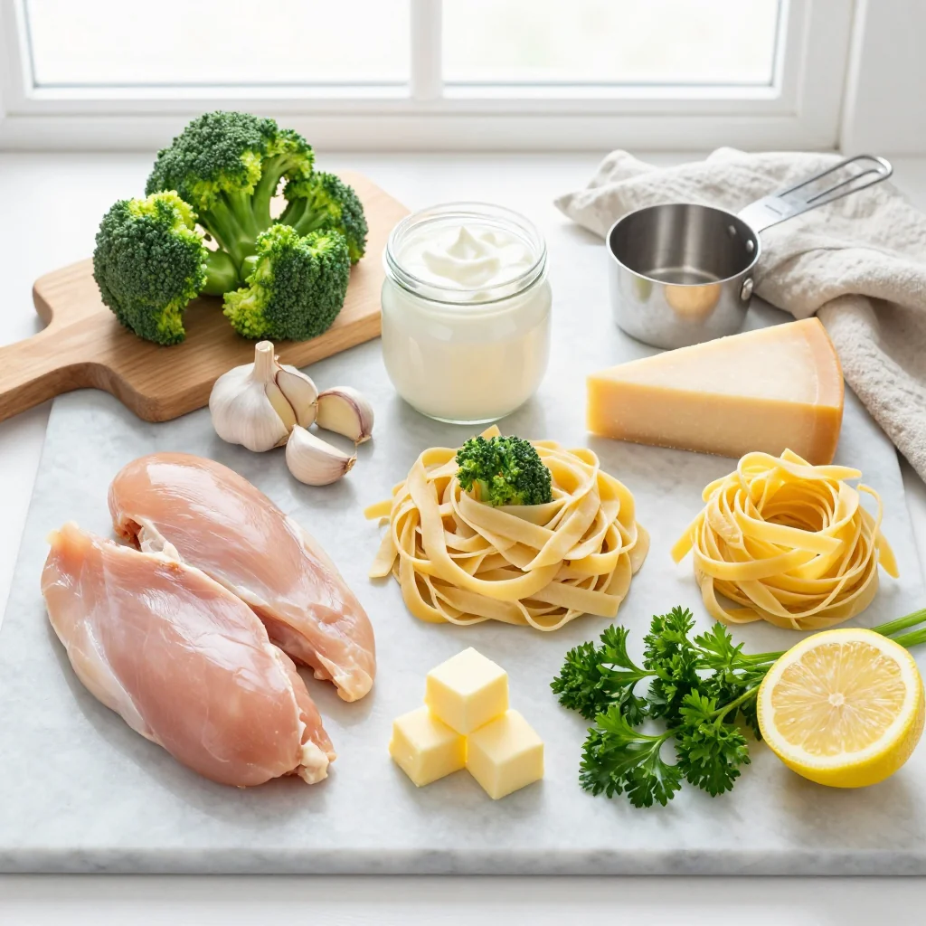All ingredients for Chicken Alfredo with Broccoli and Garlic neatly arranged on a wooden board