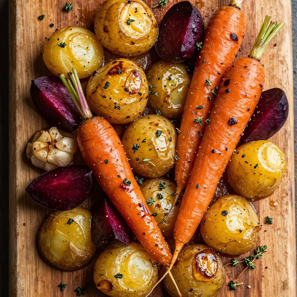warm roasted winter vegetables with garlic potatoes and herbs