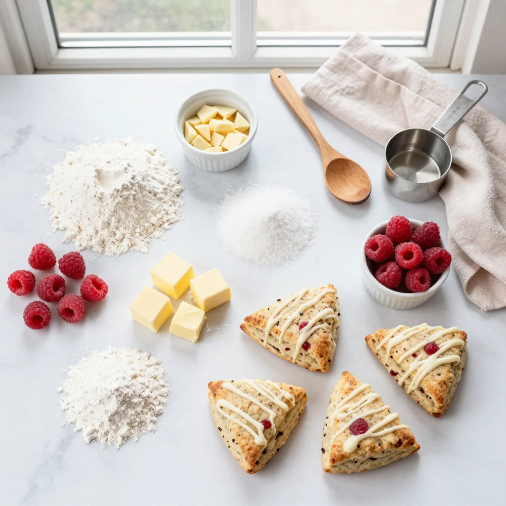 All ingredients for Raspberry Scones with White Chocolate Drizzle