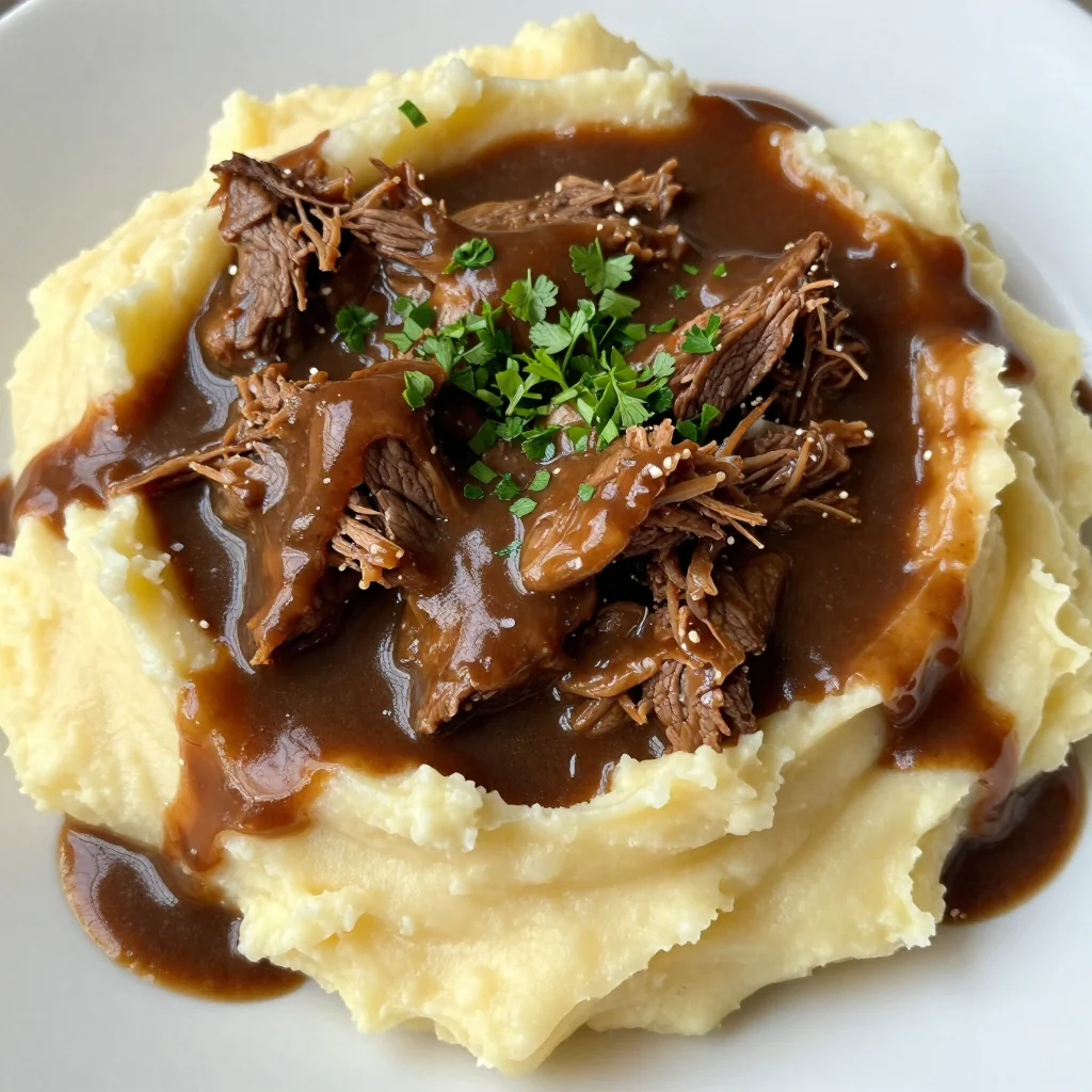 Easy Slow Cooker Beef Tips with Gravy over Mashed Potatoes
