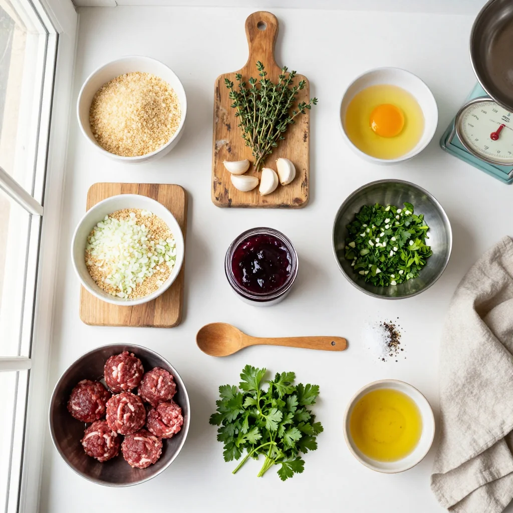 All the ingredients for Beef Meatballs with Grape Jelly neatly arranged on a countertop
