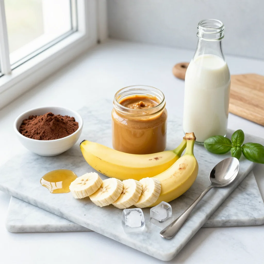 All ingredients for Chocolate Banana Smoothie with Peanut Butter