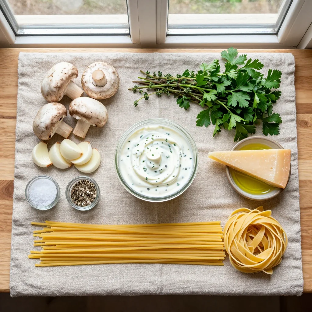 All ingredients for Mushroom Pasta with Creamy Garlic Herb Sauce