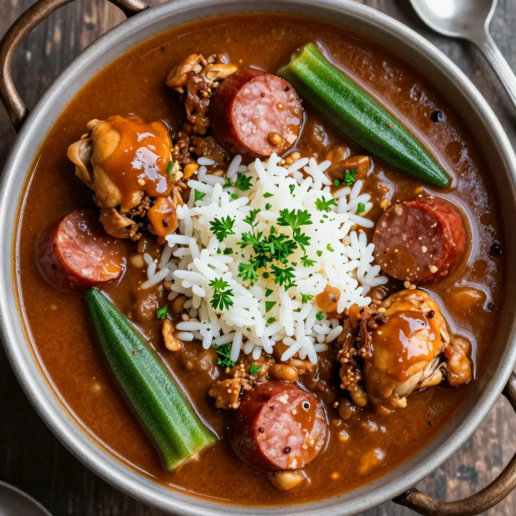 High Protein Slow Cooker Gumbo with Chicken and Sausage